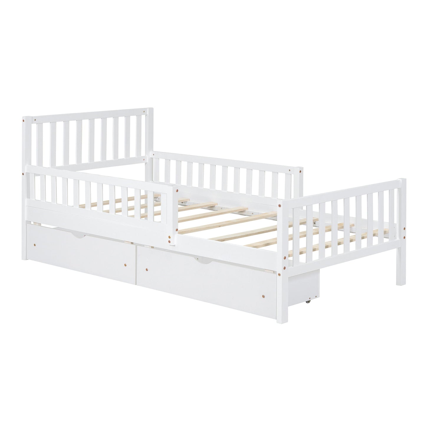 Twin Size Platform Bed With Guardrails On Both Sides And 2 Storage Drawers - White