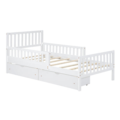 Twin Size Platform Bed With Guardrails On Both Sides And 2 Storage Drawers - White