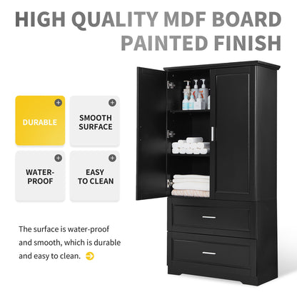 Tall Bathroom Storage Cabinet, Cabinet With 2 Doors And Drawers, Adjustable Shelf - Black