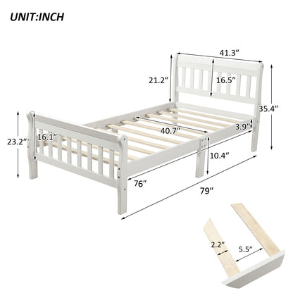 Twin Platform Bed, Mattress Foundation Sleigh Bed With Headboard, Footboard, Slat Support - White