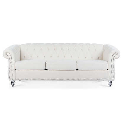 Rolled Arm Chesterfield 3 Seater Sofa - White
