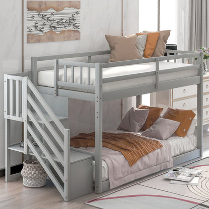 Twin Over Twin Floor Bunk Bed, Ladder With Storage - Gray