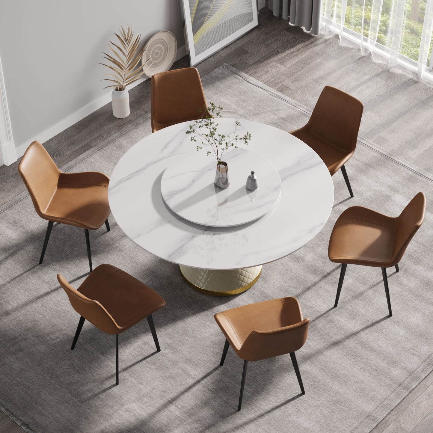 59.05" Modern Artificial Stone Round Carbon Steel Base Dining Table, Can Accommodate 6 People Artificial Stone Turntable - White