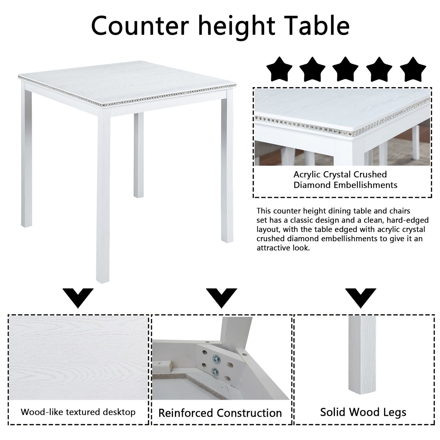 5 Piece Counter Height Table Set, Wooden Kitchen Table Set With Square Table And 4 Upholstered Chairs, Counter Height Dining Table With Crystal Decoration And Chair Set For Kitchen, Dining Room - White