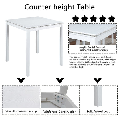 5 Piece Counter Height Table Set, Wooden Kitchen Table Set With Square Table And 4 Upholstered Chairs, Counter Height Dining Table With Crystal Decoration And Chair Set For Kitchen, Dining Room - White