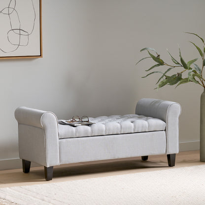 Hayes - Contemporary Armed Storage Bench With Button Tufting And Rolled Arms - Light Gray