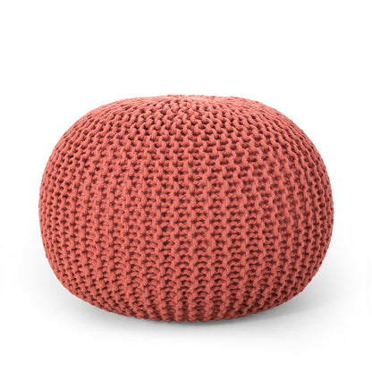 Bordeaux - Knitted Cotton Round Pouf, Versatile Ottoman And Cushion - Coral