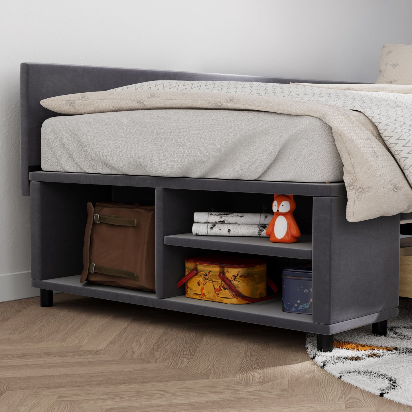 Twin L Shaped Upholstered Platform Bed With Storage Drawers - Gray