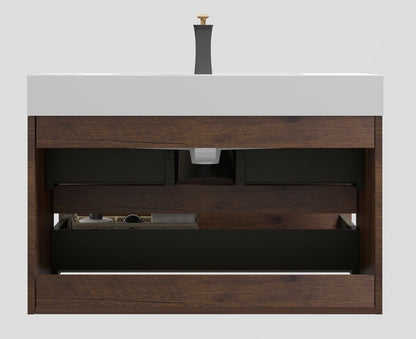 Alice - 36" Bathroom Vanity With Sink, Large Storage Wall Mounted Floating Bathroom Vanity For Modern Bathroom, One-Piece Sink Basin Without Drain And Faucet - White / Walnut