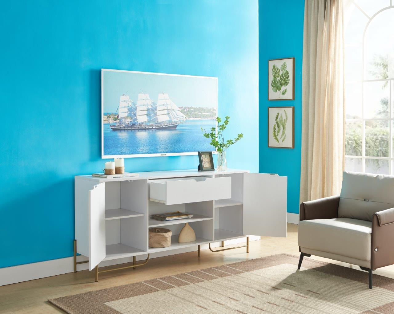 Buffet With Two Cabinets One Drawer With Six Shelves On Metal Legs - White / Gold