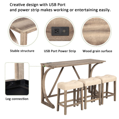 4 Piece Bar Table Set With Power Outlet, Dining Bar Table And Chairs Set, Bar Table Set With 3 Padded Stools For Living Room, Dining Room, Game Room - Brown