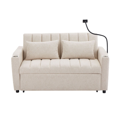 Convertible Sofa Bed Loveseat Sofa With Three USB Ports, Two Side Pockets, Two Cup Holders And 360ÔøΩÔøΩÔøΩÔøΩÔøΩÔøΩÔøΩÔøΩÔøΩÔøΩÔøΩÔøΩÔøΩÔøΩÔøΩÔøΩÔøΩÔøΩÔøΩÔøΩÔøΩÔøΩÔøΩÔøΩÔøΩÔøΩÔøΩÔøΩÔøΩÔøΩÔøΩÔøΩÔøΩ swivel Phone Holder For Living Room - Beige