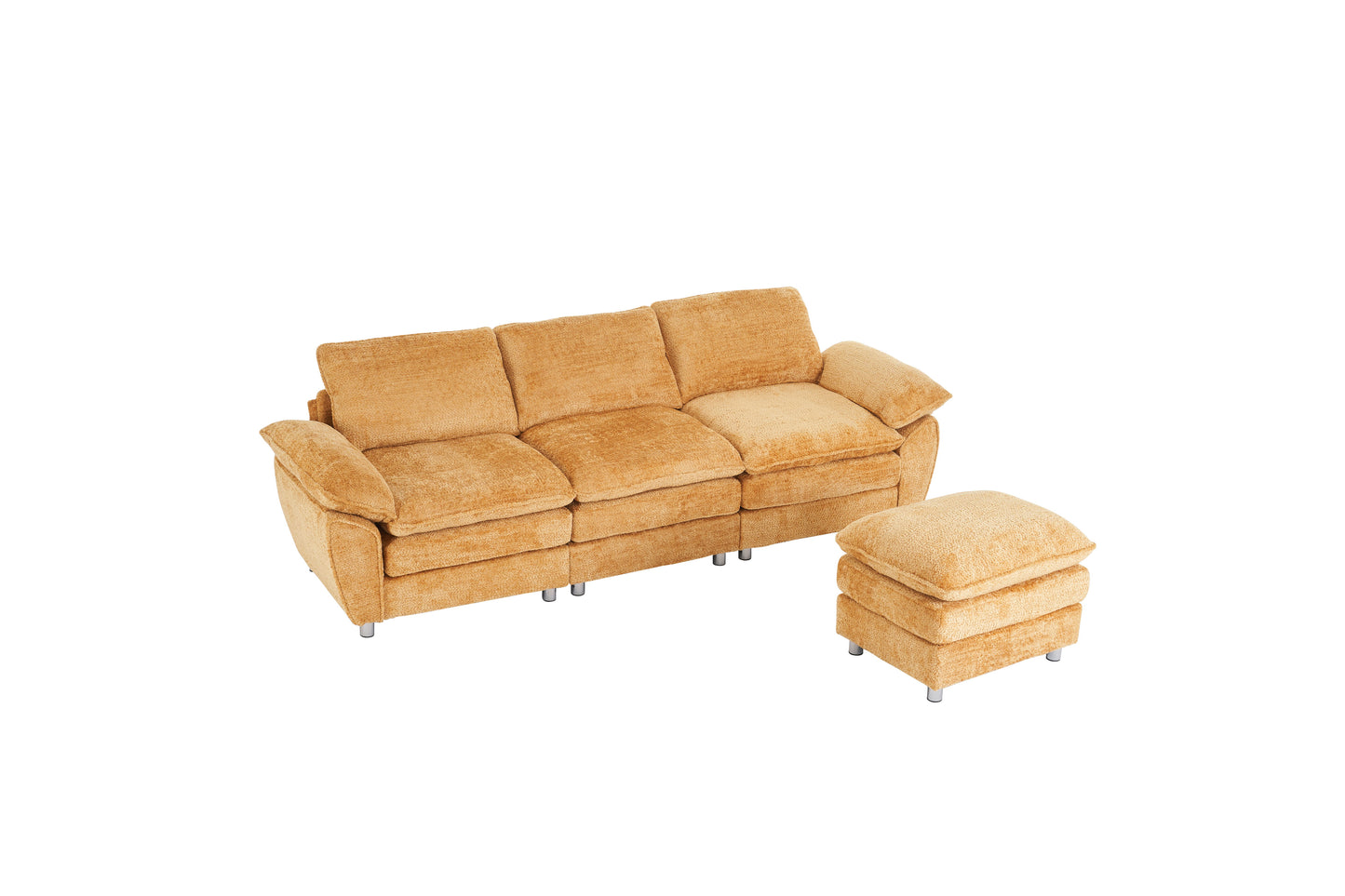 Modern Deep 3 Seat Sofa Couch With Ottoman, Polyester Sofa Sleeper Comfy Upholstered Furniture For Living Room - Yellow