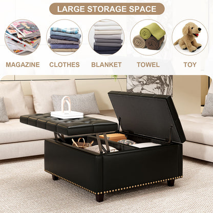 Large Square Storage Stool With 2 Storage Doors, Footstool For Living Room Studded Mid - Century Modern Coffee Table - Black