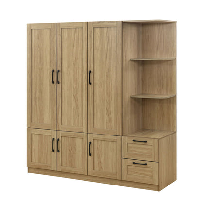 3 Door Storage Wardrobe For Dedroom With Shelves And 2 Drawers, Side Storage Shelves - Nature