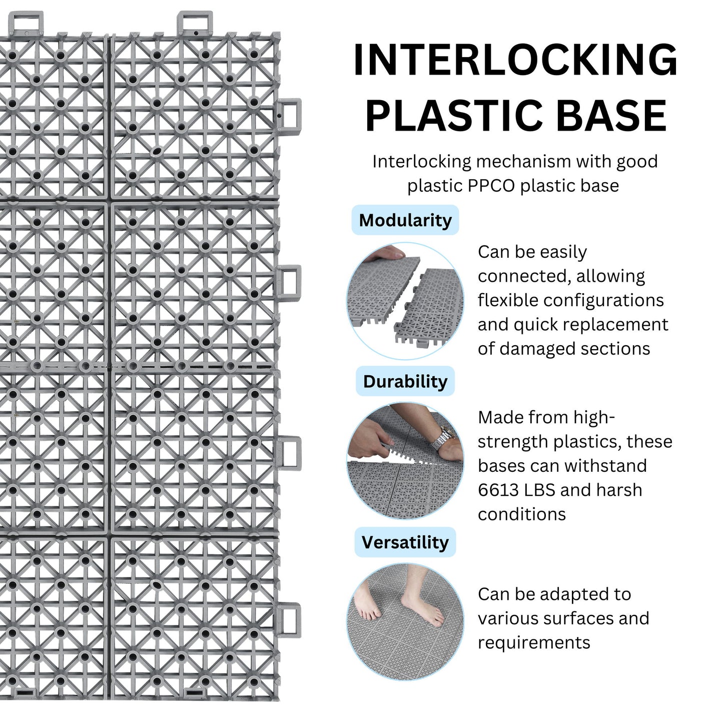 Interlocking Deck Tiles Plastic Waterproof Outdoor All Weather Anti-Slip Bathroom Shower Balcony Porch Strong Weight Capacity Upto 6613 Lbs, Rosette Pattern Pack Of 12 - Gray