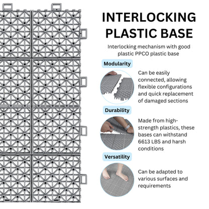 Interlocking Deck Tiles Plastic Waterproof Outdoor All Weather Anti-Slip Bathroom Shower Balcony Porch Strong Weight Capacity Upto 6613 Lbs, Rosette Pattern Pack Of 12 - Gray