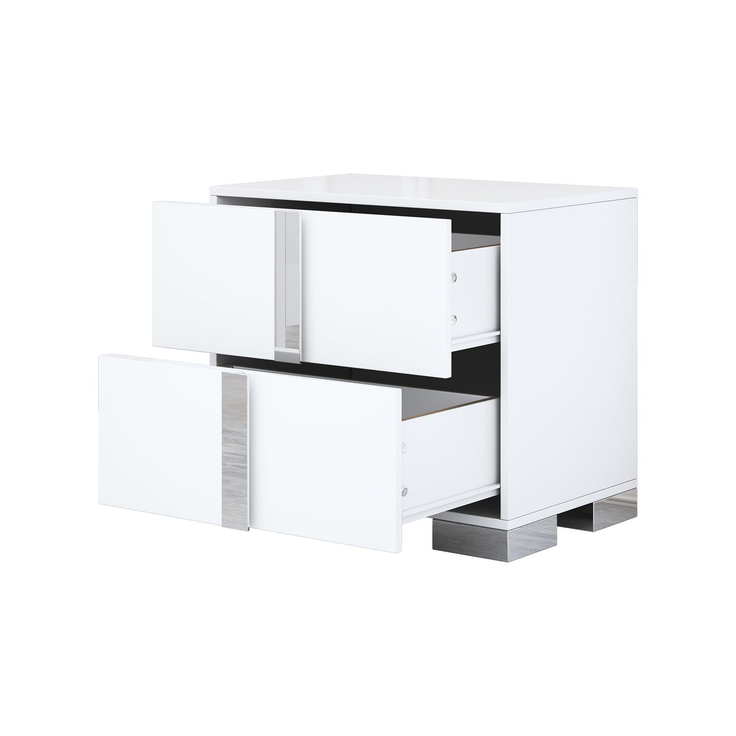 4 Piece Bedroom Sets Queen Size Upholstered Bed With LED Lights, Mirrored Nightstands And Dresser With Metal Handles And Legs - White