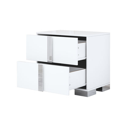 4 Piece Bedroom Sets Queen Size Upholstered Bed With LED Lights, Mirrored Nightstands And Dresser With Metal Handles And Legs - White