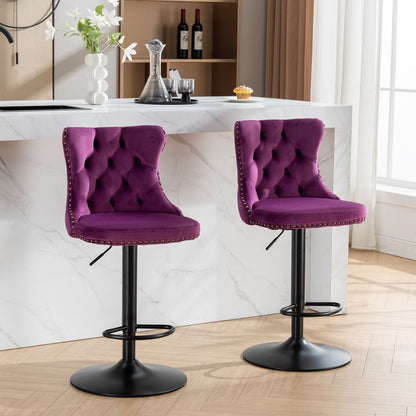 Swivel Velvet Barstools Adjusatble Seat Height , Modern Upholstered Bar Stools With Backs Comfortable Tufted For Home Pub And Kitchen Island (Set of 2) - Purple