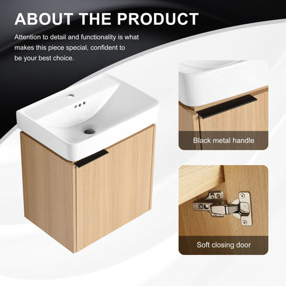 20" Wall Mounted Bathroom Vanity With Ceramic Sink And Storage Cabinet - Oak