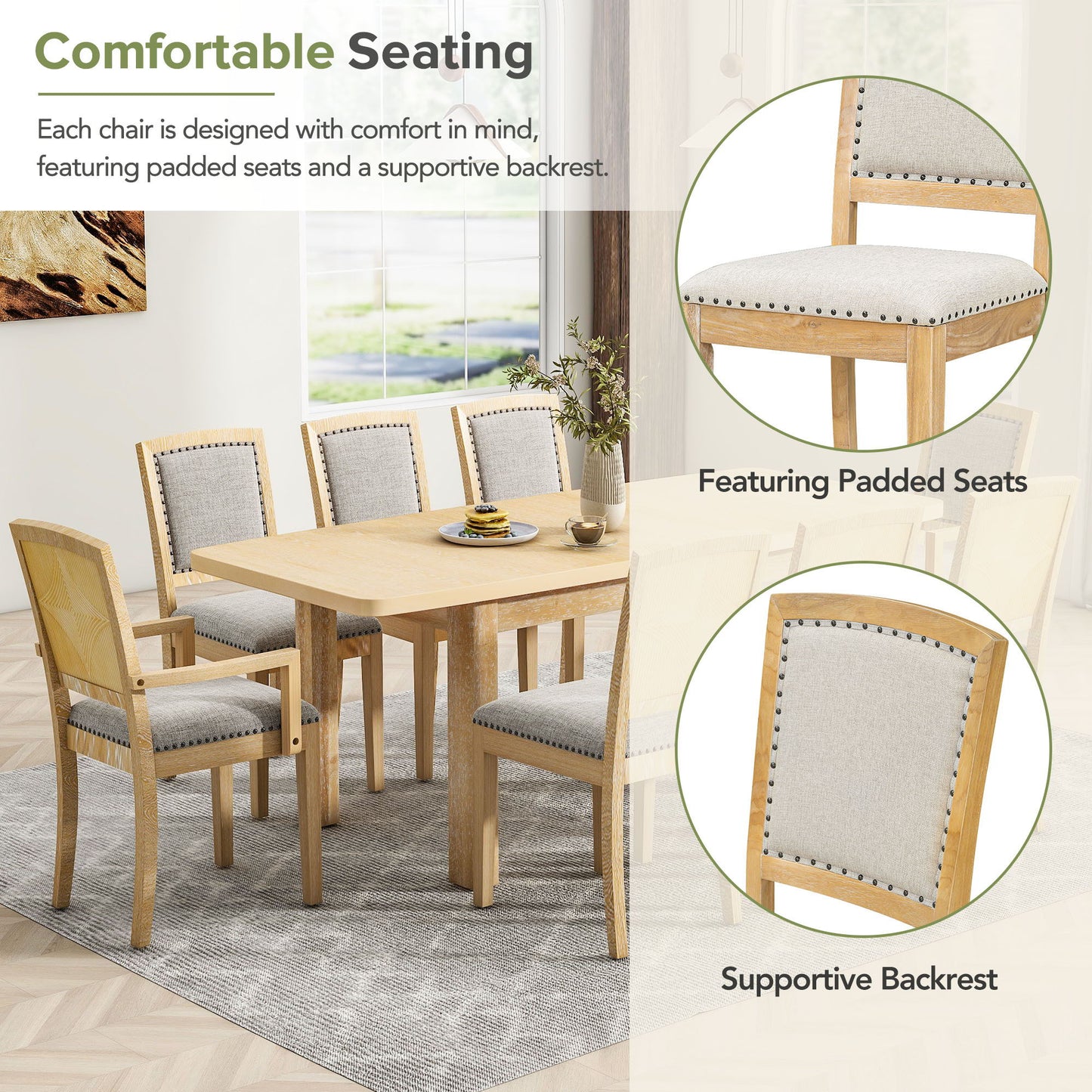 Topmax - Rustic Extendable Dining Table Set With Removable Leaf, 6 Upholstered Armless Dining Chairs And 2 Padded Arm Chairs, 9 Pieces - Natural