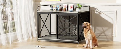 Heavy Duty Large Dog Crate Furniture For Large Medium Dog, Farmhouse Wooden Dog Kennel Indoor End Table, Decorative Pet House For Large Dogs - Gray