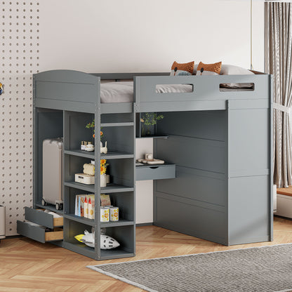 Full Size Loft Bed With Desk, Wardrobes, 4 Drawers And 4 Shelves - Gray