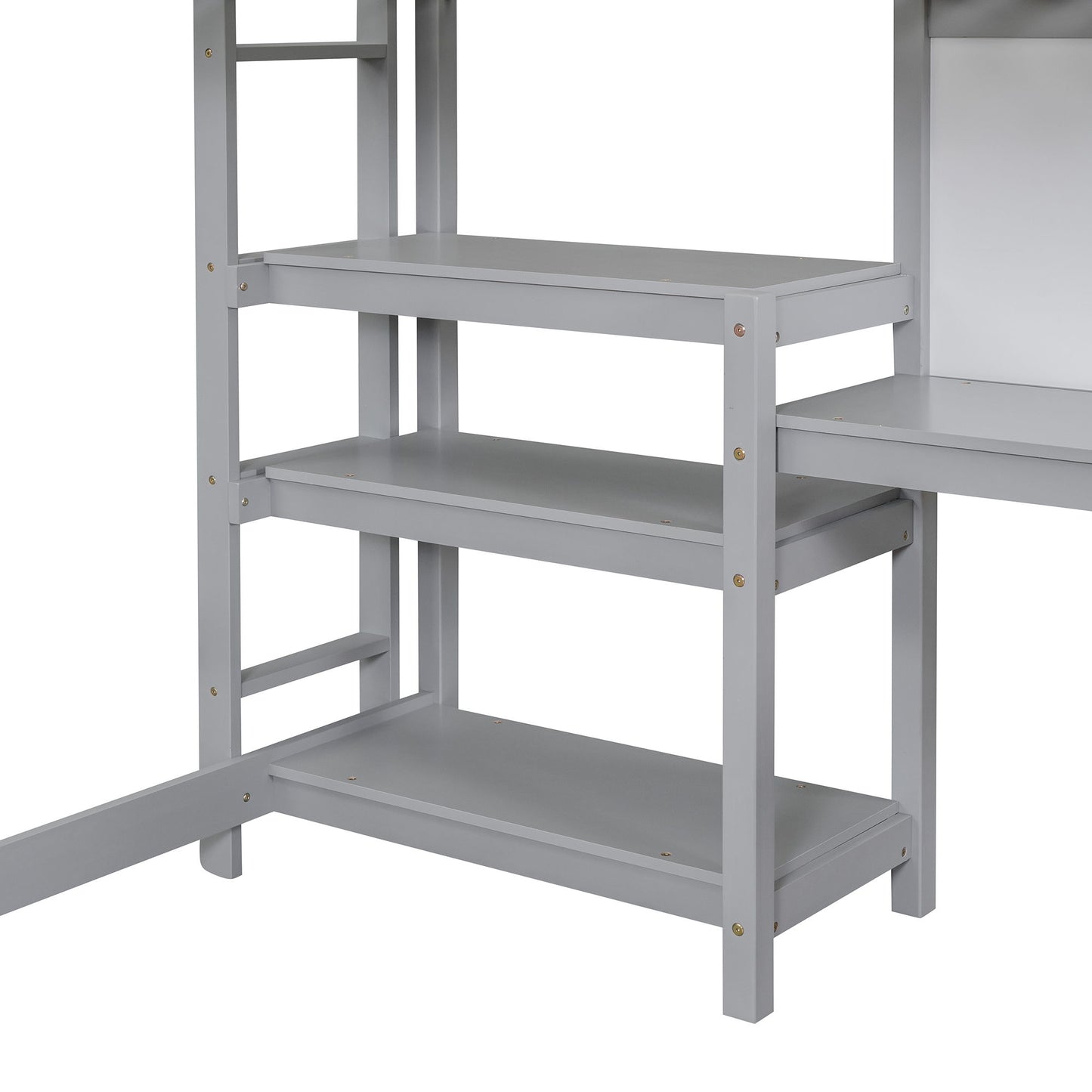 Twin Size Loft Bed With Shelves, Desk And Writing Board - Gray