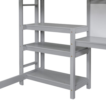 Twin Size Loft Bed With Shelves, Desk And Writing Board - Gray