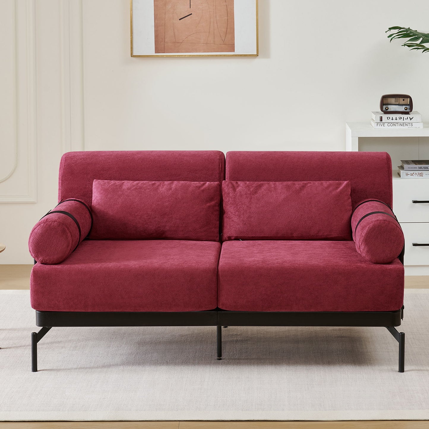 Modern Loveseat Sofa 59" Sofa Couch 2 Seater With USB Ports, Unique Cylindrical Armrests - Red