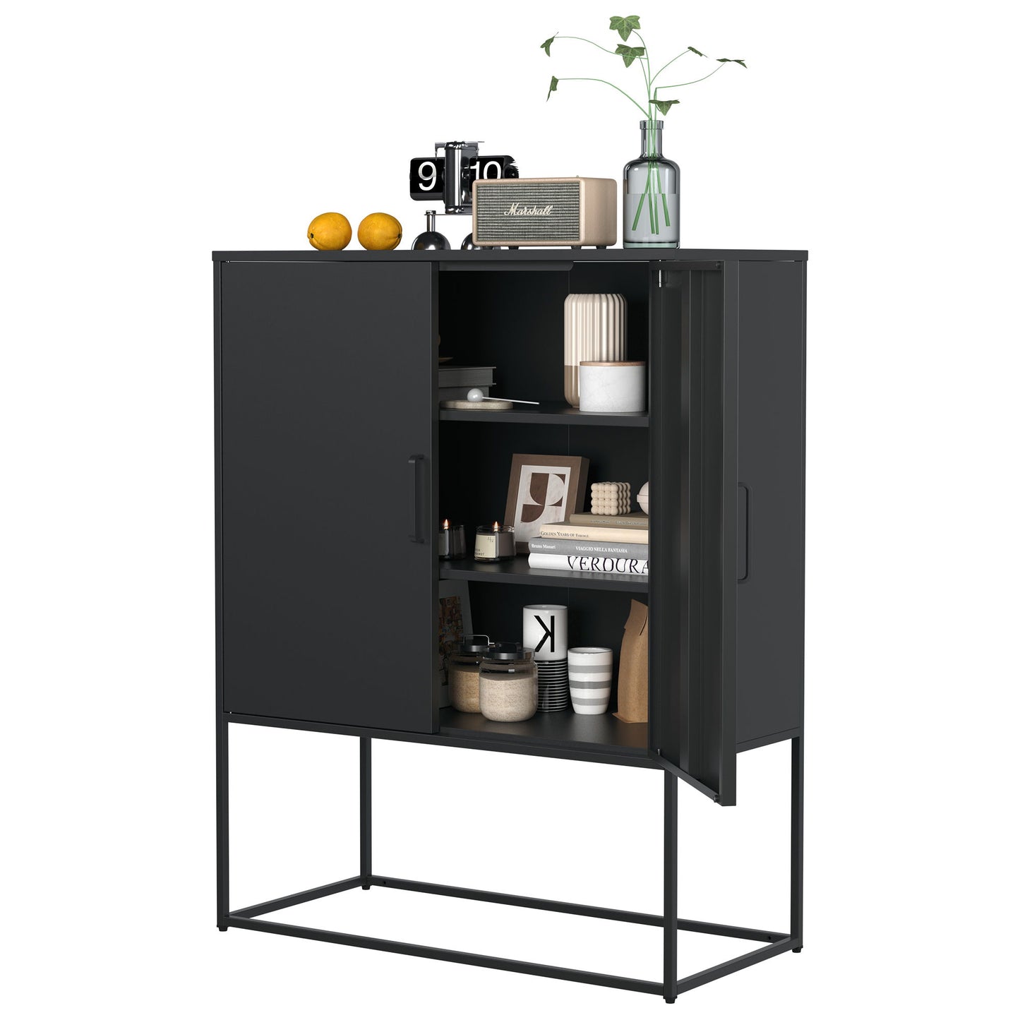 Heavy Duty Metal Buffet Sideboard Modern Steel Storage Cabinet With 2 Shelves, Free Standing Accent Cabinet With Magnetic Doors For Bedroom, Kitchen, And Home Office, Anti-Tip Design - Black