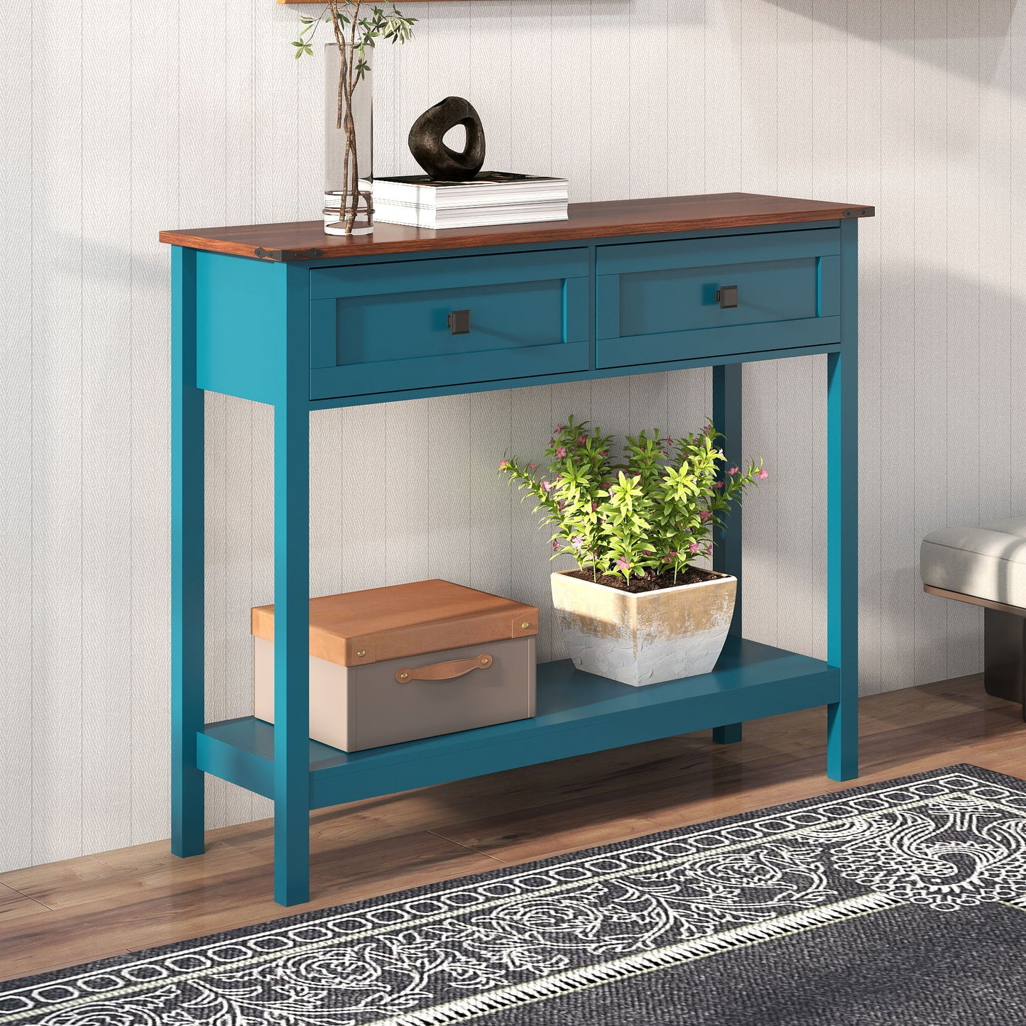 Farmhouse Style Console Table With 2 Drawers And Bottom Storage Shelf, Pagoda - Blue