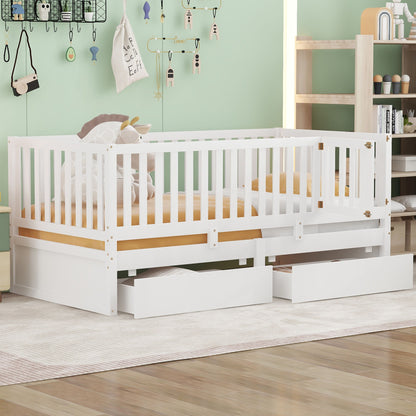 Twin Size Daybed With Fence Guardrails And 2 Drawers, Split Into Independent Floor Bed & Daybed - White