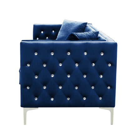 Wide Sofa With Jeweled Buttons, Square Arm, 2 Pillows - Blue