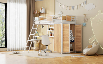 Twin Size Loft Bed With L Shape Desk And Wardrobe - White