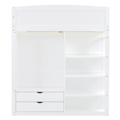 Full Size Loft Bed With Desk, Wardrobes, 4 Drawers And 4 Shelves - White