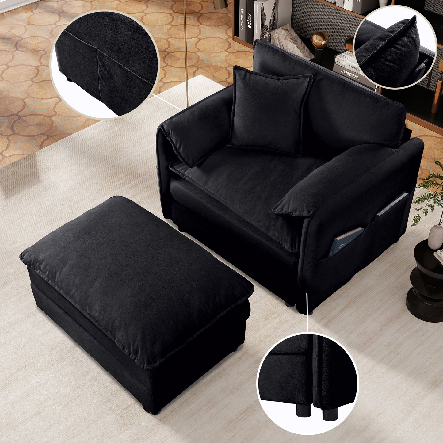 Oversized Recliner Chair With Movable Ottoman, Soft Chenille Upholstered Indoor Lounge Chair - Black