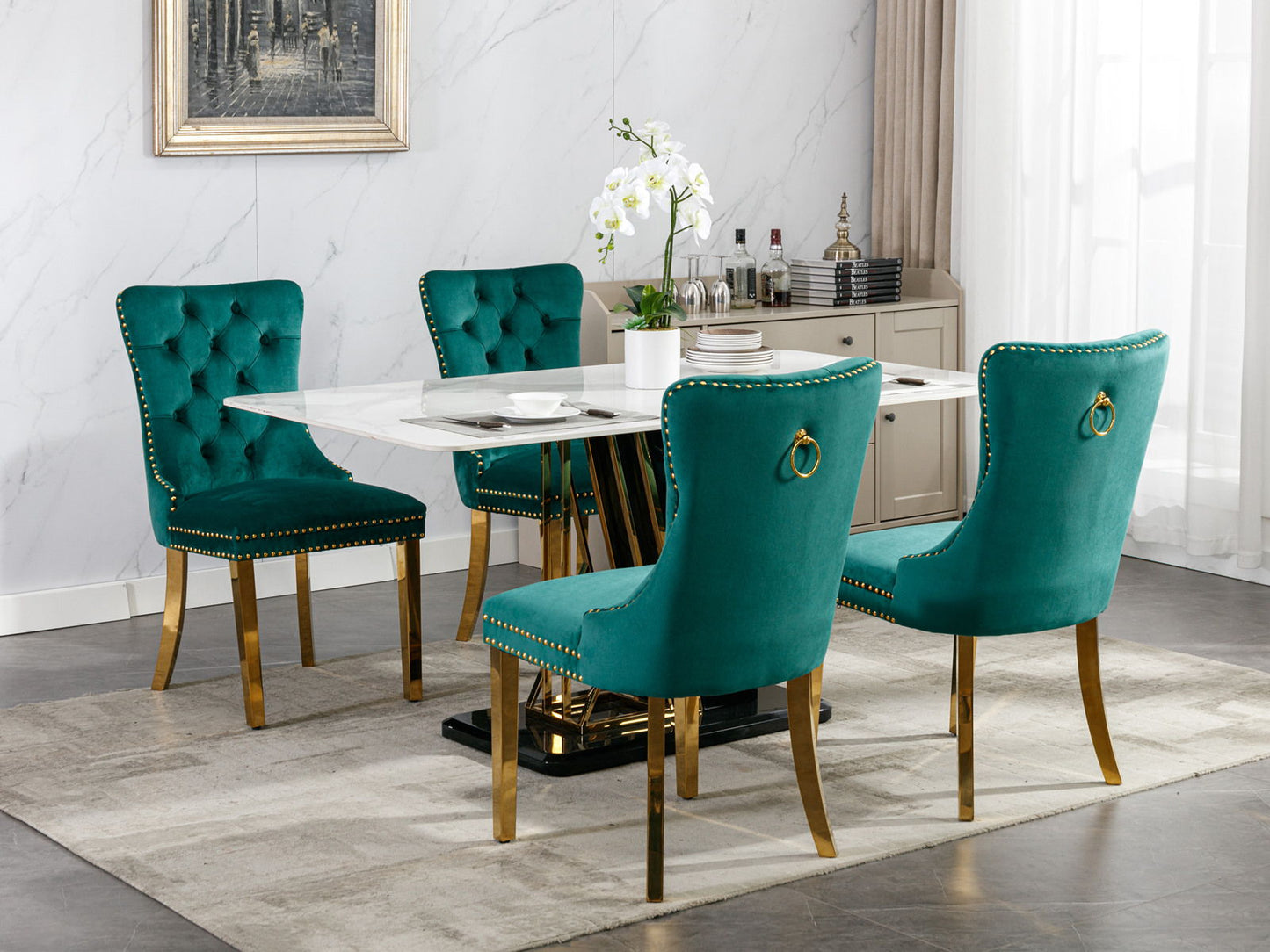 Nikki - Modern, High-End Tufted Solid Wood Contemporary Velvet Upholstered Dining Chair With Golden Stainless Steel Plating Legs, Nailhead Trim (Set of 2) - Green