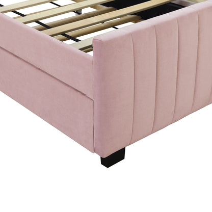 Twin Size Upholstered Platform Bed With Twin Size Trundle - Pink