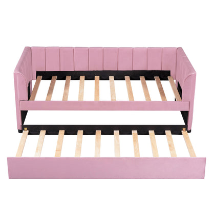 Twin Size Upholstered Daybed With Ergonomic Design Backrest And Trundle - Pink