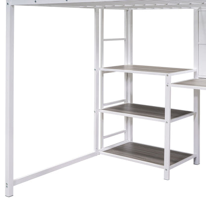 Full Size Loft Bed With Desk And Whiteboard, Loft Bed With 3 Shelves And Ladder - White
