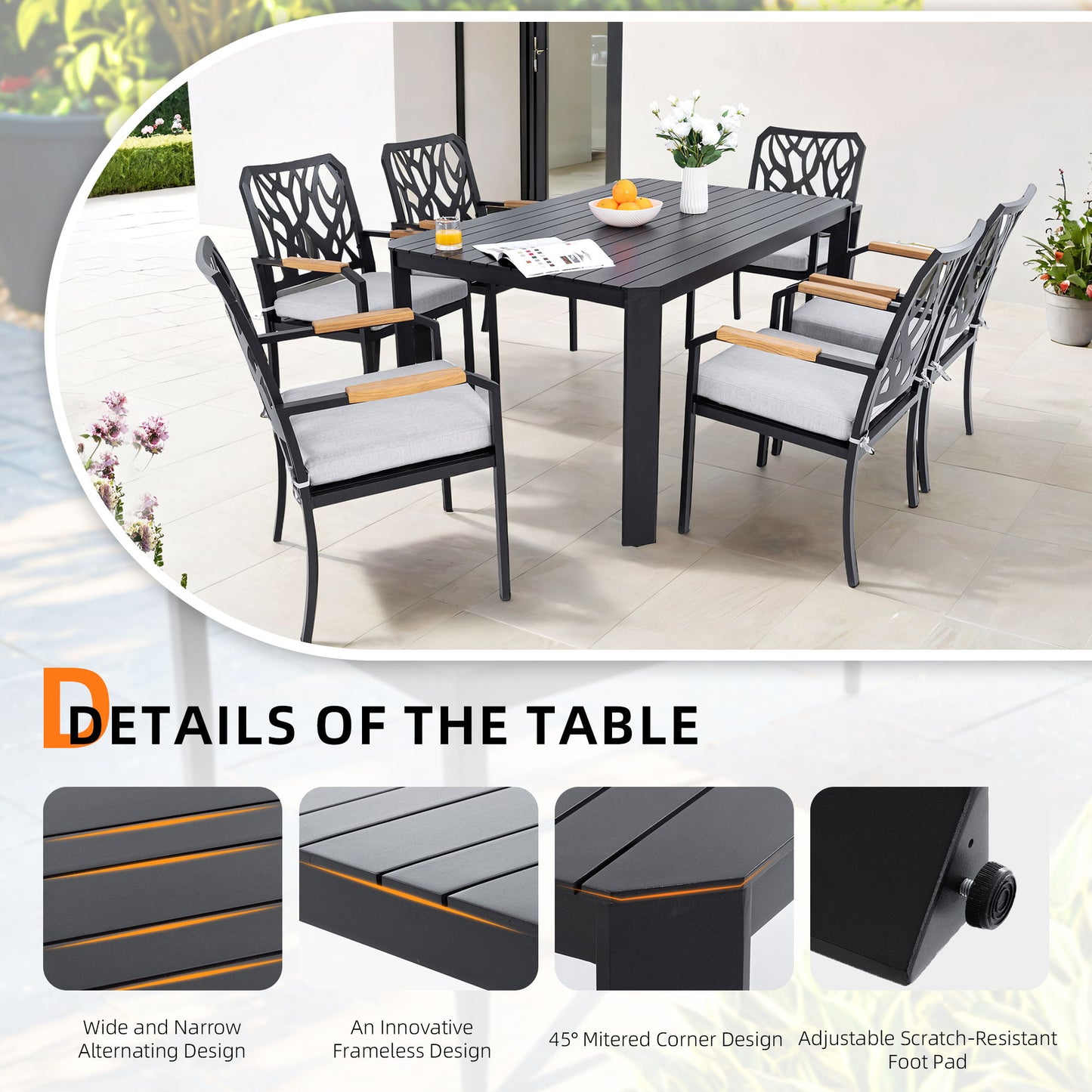 7 Pieces Outdoor Patio Furniture Set, Modern Dining Set With 6 Dining Chairs Sunbrella Fabric, Rectangular Table With Umbrella Hole - Bourbon Brown