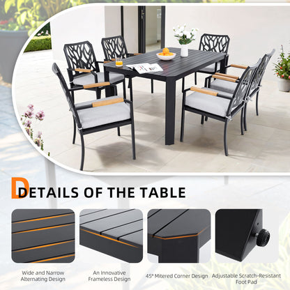 7 Pieces Outdoor Patio Furniture Set, Modern Dining Set With 6 Dining Chairs Sunbrella Fabric, Rectangular Table With Umbrella Hole - Bourbon Brown