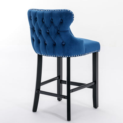 Contemporary Velvet Upholstered Wing-Back Barstools With Button Tufted Decoration And Wooden Legs, And Chrome Nailhead Trim, Leisure Style Bar Chairs, Bar Stools (Set of 4) - Blue