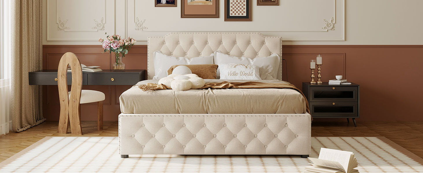 Queen Size Upholstered Platform Bed With Twin Size Trundle And 2 Sets Of USB Ports On Each Side - Beige