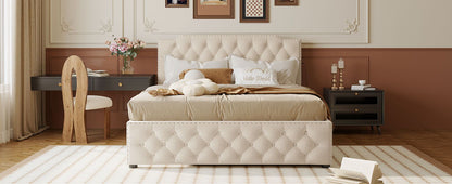 Queen Size Upholstered Platform Bed With Twin Size Trundle And 2 Sets Of USB Ports On Each Side - Beige