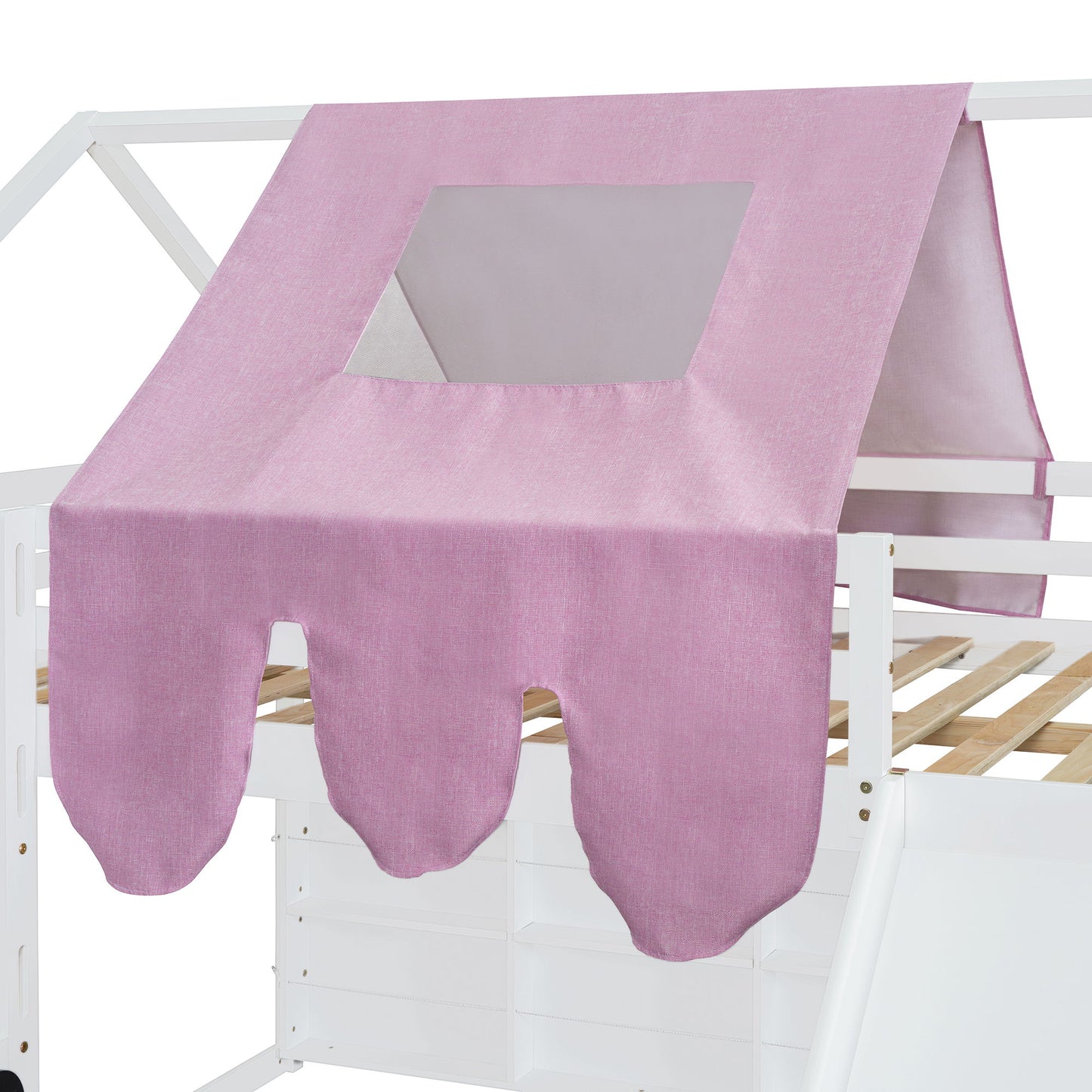 Full Size Loft Bed With House Shaped Frame And Tent - White / Pink