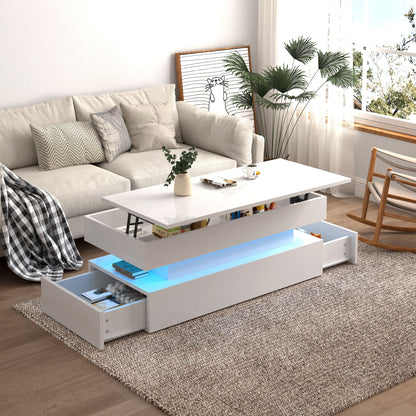 Contemporary Foldable Coffee Table With Drawers And LED White & Metal 3 Tier Design - White
