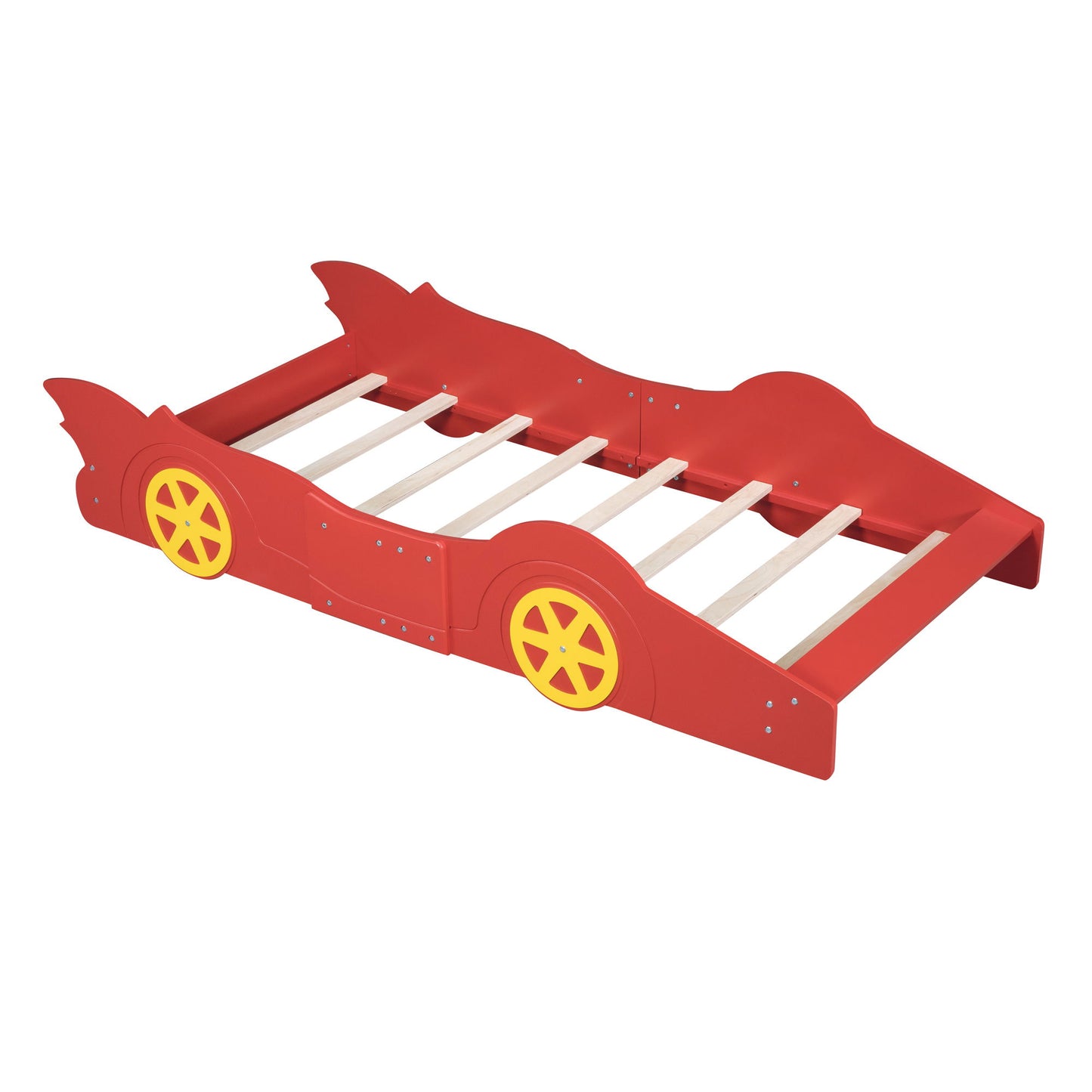 Twin Size Platform Bed Race Car Shaped With Wheels - Red